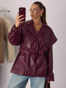 SHEIN BAE 女士纯色系带夹克，适合通勤，秋冬季 - 酒紅色 - 查看 4