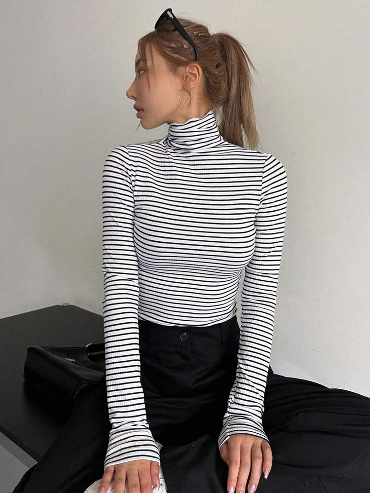 Striped High Neck Tee Long Sleeve Women Tops