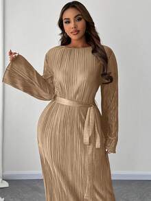 Maweii Đầm Maxi Cổ Tròn Tay Dài Buộc Eo Màu Trơn Cỡ Lớn Trang Phục Thường Ngày Tối Giản Cho Nữ - Màu Khaki - Xem 2