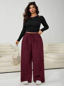 Solflare Plus Size Casual Corduroy Drawstring Waist Loose Pants, Wine Red, Autumn - Burgundy - View 3