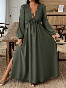 SHEIN LUNE Vestido largo con abertura lateral de unicolor y parches de encaje para mujer - Verde militar - Ver 6