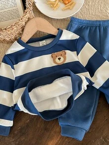 LMoss Kids LMoss 2pcs Baby Boy Knitted Striped Crew Neck Casual Sweatshirt And Pants Set, Baby Boys 2pcs, Baby Set Autumn Winter Season, Baby Boy Two Pieces Set, Baby Boy Clothes Long Sleeve, Cozy Fall & Winter Styles, Long Sleeve Tops, - Multicolor - View 7