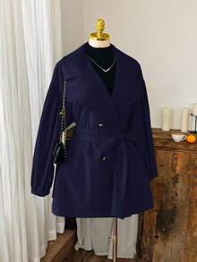 SHEIN EZwear Giacca a vento casual minimalista con collo a bavero e bottoni, stile francese, per taglie forti, adatta per l'autunno/inverno - Blu Navy - Visualizzare 2