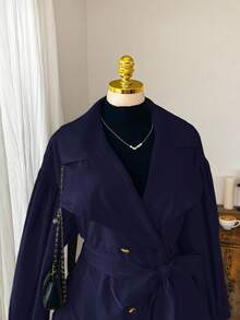 SHEIN EZwear Giacca a vento casual minimalista con collo a bavero e bottoni, stile francese, per taglie forti, adatta per l'autunno/inverno - Blu Navy - Visualizzare 6