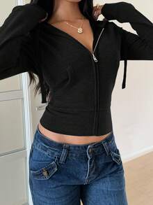 SHEIN EZwear Vintage Style Zip-Up Hooded Fitted Jacket, New Arrival For Autumn Long Sleeve Black Top Black Shirt Women Black Top Zip Up Sweater Black Zip Up - Black - View 4