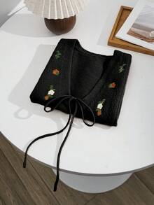 Sweetra Áo khoác cardigan len dệt kim cổ chữ V thêu nơ thời trang thu đông màu kaki dễ thương - màu đen - Xem 6