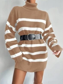 EURMUSE High Neck Striped Sweater Without Belt - Brown - View 5