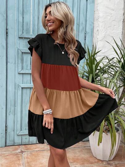 Breezaya Color Block Flounce Sleeve Ruffle Hem Smock Dress Vacation Beach Outfits Women