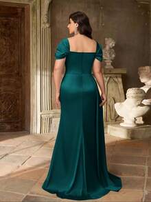 Aureia Vestido de dama de honor de satén de lujo con hombros abiertos, cintura fruncida, bajo de cola de sirena, en color verde, para tallas grandes y estilo minimalista elegante - Agua verde azul - Ver 3