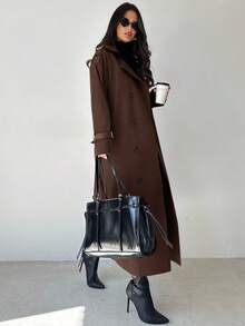 Firerie Women's Khaki Lapel Faux Leather Sleeve Cinched Waist Double-Breasted Mid-Length Trench Coat, Long Sleeve Windbreaker, Spring/Autumn/Winter Clothing, Commuting, Elegant, Everyday, Work Wear,Women's Winter Clothes - Chocolate Brown - View 6