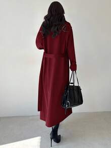 Firerie 女式卡其色翻领仿皮袖收腰双排扣中长款风衣，长袖风衣，春秋冬，通勤，优雅，休闲，工作服 - 酒紅色 - 查看 2