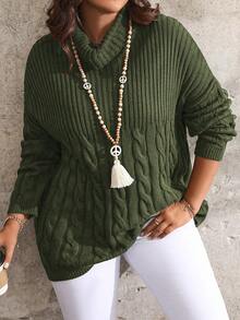 SHEIN LUNE Plus Size Solid Color Minimalist Everyday Long Sleeve Knit Pullover Sweater - Army Green - View 1