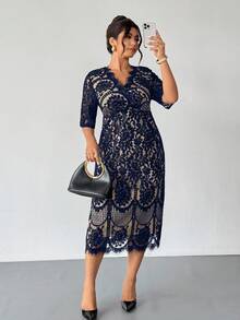 Firerie 加大码优雅蕾丝拼布弹性休闲办公长袖连衣裙，适合春秋季节 - 藍色 - 查看 7