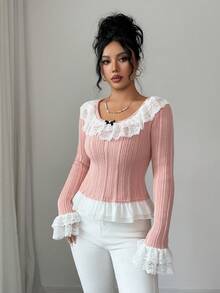 SHEIN Elenzya Women's Ruffled Lace Patchwork Knit Top - Pink - View 7