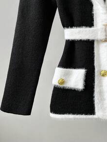 Franclia 女士秋冬优雅时尚翻领黑白长袖通勤正式金属扣假口袋开衫，适合秋冬季、新年、感恩节、派对、婚礼等场合，优雅休闲。 - 黑與白 - 查看 5