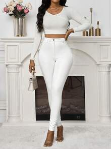 VaVaBold Slim Fit PU Fabric Slim Leg Trousers - White - View 6