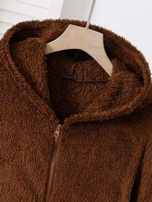女士米色毛绒趣味动物眼睛和鼻子刺绣连帽连体衣，冬季 - 咖啡棕 - 查看 3