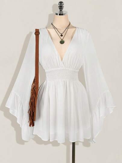 SHEIN ICON Plus Size V-Neck Ruched A-Line Flare Sleeve Dress, Boho, Hippie, Y2K Style, Suitable For Summer, Nomadic Vibe, Summer Vacation, Music Festivals, Graduation & Back To School Clothes