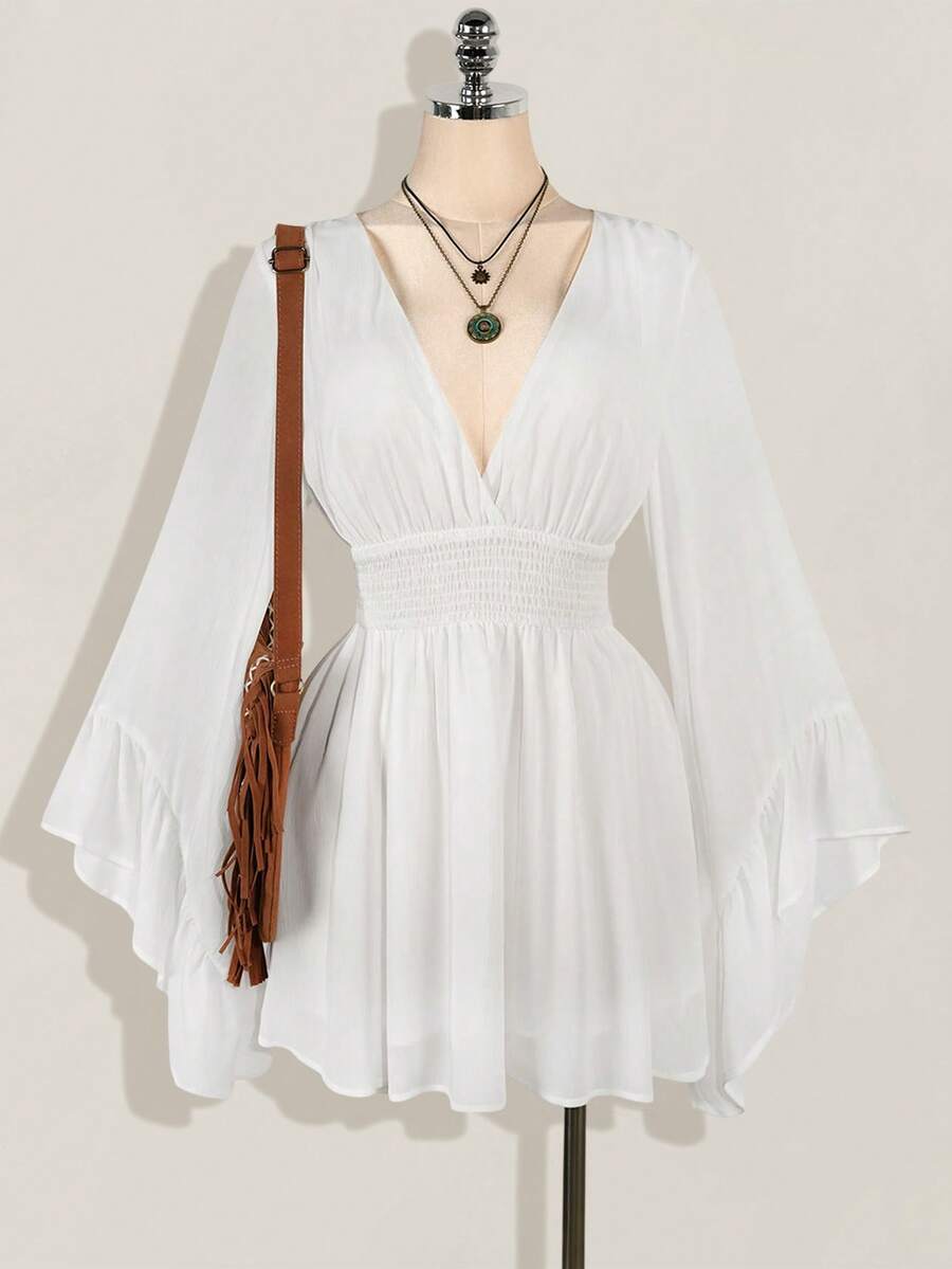 SHEIN ICON 加大码 V 领褶饰 A 字形喇叭袖连衣裙，波西米亚风、嬉皮风、Y2K 风格，适合夏季、游牧风、暑假、音乐节、毕业典礼和返校服装 - 白色 - 查看 1