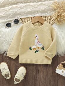 SHEIN 1 pieza Suéter casual para bebé niña, bordado de pato, parte superior de manga larga, se puede usar en capas o de forma independiente, suéter de punto para bebé, otoño e invierno - Mostaza Amarilla - Ver 5