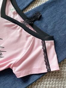 1pc Teen Girl Sweet & American Style Fitted Patchwork Contrast Color Floral Print T-Shirt With Lace Trim, Summer - Pink - View 3