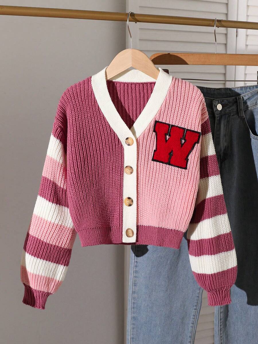 Mädchen-Strickjacke mit Farbblock-Streifen, kurz und minimalistisch, süß und cool, bunter Button-Down-Pullover, Strickjacke mit Streifenärmeln, kurze Strickjacke für Teenager, süße College-Strickjacke