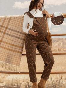 Boho Mama 孕婦碎花拼接荷葉邊連身褲，孕婦吊帶褲，保守風夏季音樂會藍色蝴蝶秋季款 - 棕色 - 查看 1
