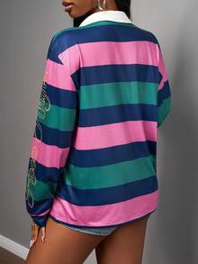 Slaydiva 2025秋冬新款街头休闲宽松撞色条纹拼接POLO领长袖女式T恤，适合派对、锐舞派对、万圣节、夜店、性感夜店、早午餐、街头时尚、日常出行、返校、运动等场合。 - 彩色 - 查看 2