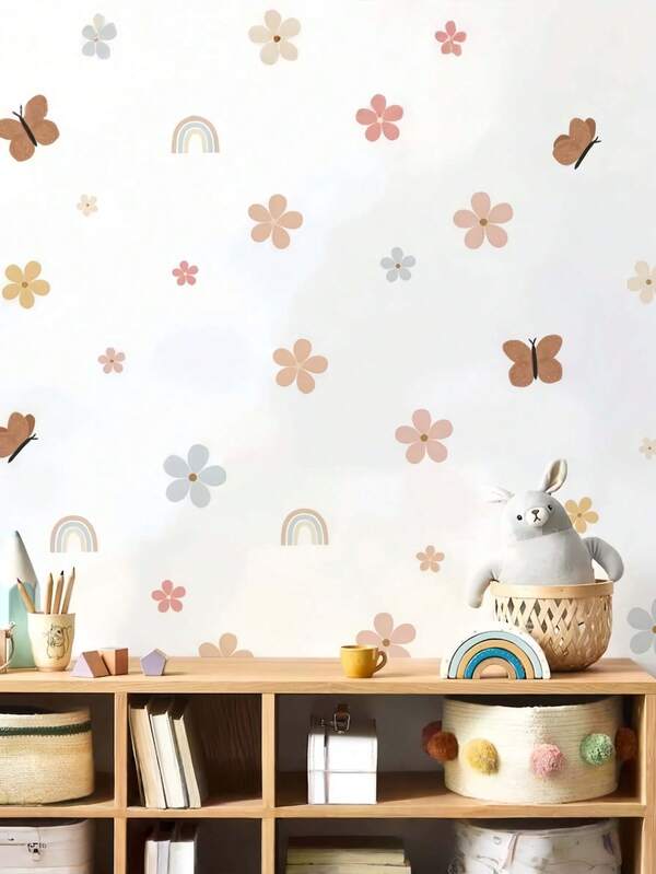 1 pezzo Grande adesivo da parete rimovibile con fiori ad acquerello, farfalle arcobaleno, decorazione da parete autoadesiva, arte da parete per soggiorno, camera da letto, motivo floreale estetico