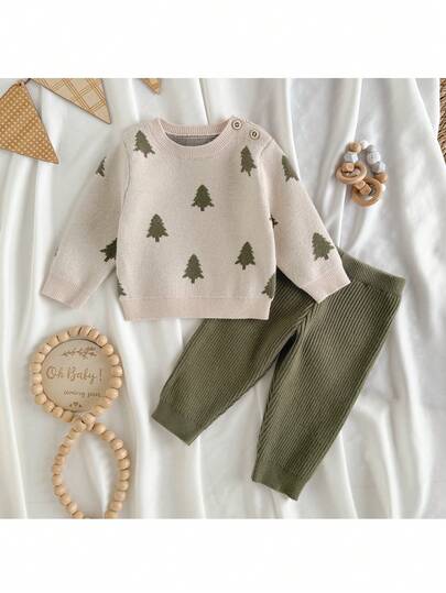 Loomiva Newborn Baby Boy/Girl Christmas Tree Pattern Knit Soft Crew Neck Long Sleeve Sweater And Elastic Waist Pants 2-Piece Set