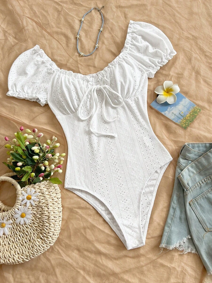 Soleia Spring/Summer New Casual Vacation Western Beach Wedding Guest Attire Graduation Brunch Women's Outfit St. Patrick's Day Spring Break Easter Music Festival Elegant Boho Tropical Elegant Knit Texture Puff Sleeve Ruffle Hem Valentine's Day Bodysuit For Women - White - View 1