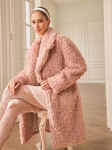 Revavyn Pink Faux Shearling Mid-Length Jacket, Crisp Collar, Soft Fluffy Texture, Suitable For Commuting, Dating, And Everyday Wear - Pink - View 4