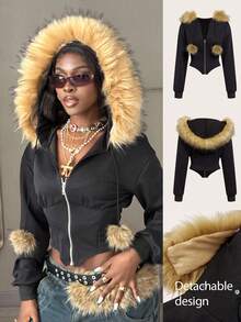 Coolane 女士秋冬街头风 Y2K 酷女孩外出长袖毛绒紧身拉链黑色连帽衫 - 黑色 - 查看 2