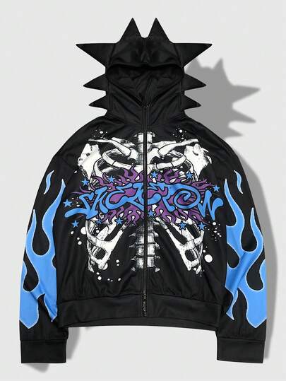 Street Life Sudadera con capucha y cremallera con estampado de esqueleto y llamas, de moda casual para hombre, para primavera/otoño
