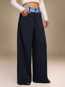 Hanevo 女式休闲纯色拼布格子运动裤 - 寶藍色 - 查看 6