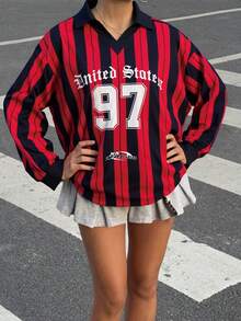 Muchica 女士休闲撞色 Polo 领长袖宽松 T 恤，适合秋冬季 - 彩色 - 查看 5