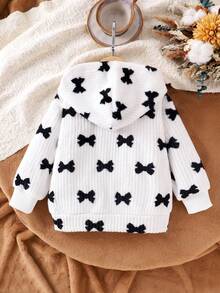 Elladie kids 女童可爱黑色蝴蝶结条纹毛绒时尚舒适秋冬连帽长袖外套，儿童舒适百搭开衫 - 米色 - 查看 2