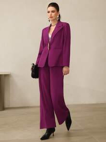 Modelyn Bộ vest nữ thanh lịch cổ khoét sâu, cài một hàng khuy và quần âu, trang phục đi làm cho mùa thu - Màu tím - Xem 5