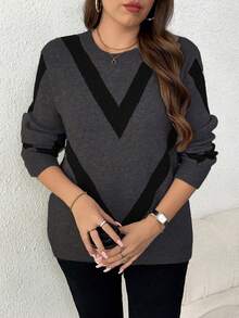 Elenzga Suéter de punto jacquard de manga larga, cuello redondo, estilizador, de moda casual para mujer de talla grande, otoño/invierno - Gris Oscuro - Ver 4