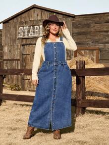 EMERY ROSE Váy denim dây rút họa tiết bí ngô màu xanh nước biển cỡ lớn cho nữ - Rửa tối - Xem 4