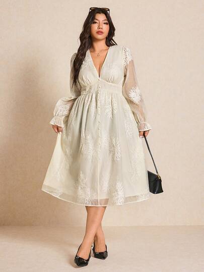 Elaquor Plus Size Elegant V-Neck A-Line Midi Dress, Solid Color, Suitable For Romantic Dates, Parties, And Office Commute