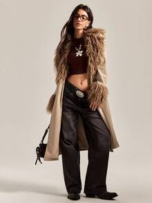 Easelle 风衣卡其色拼接皮草长款毛领秋冬复古 - 卡其色 - 查看 8