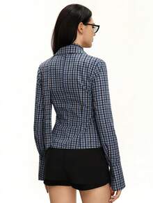 Rina Fox Áo sơ mi dài tay xếp ly cổ điển ôm vừa vặn, thiết kế theo phong cách Mỹ - Màu xanh lam - Xem 2