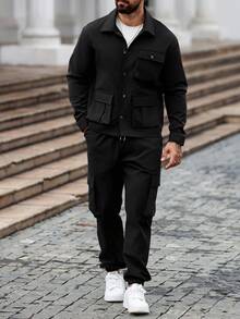 Manfinity Homme Men's Casual Solid Color Long Sleeve Utility Shirt & Pants Set, Fall Clothes - Black - View 4