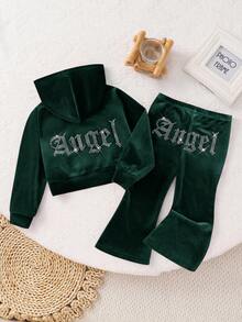SHEIN Baby Girl 2Pcs Dark Green Velvet Hoodie & Flare Winter Pants Outfits, Letter Pattern Sweatpants Set,Y2k Fashionable Cute Casual Autumn Outfits - Green - View 3