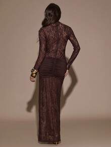 SHEIN BAE 女式时尚性感蕾丝高开衩褶饰紧身连衣裙 - 棕色 - 查看 2