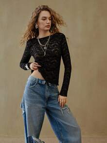 MOTF STUDIO LACE SHEER KNIT LONG SLEEVE T-SHIRT - Black - View 5