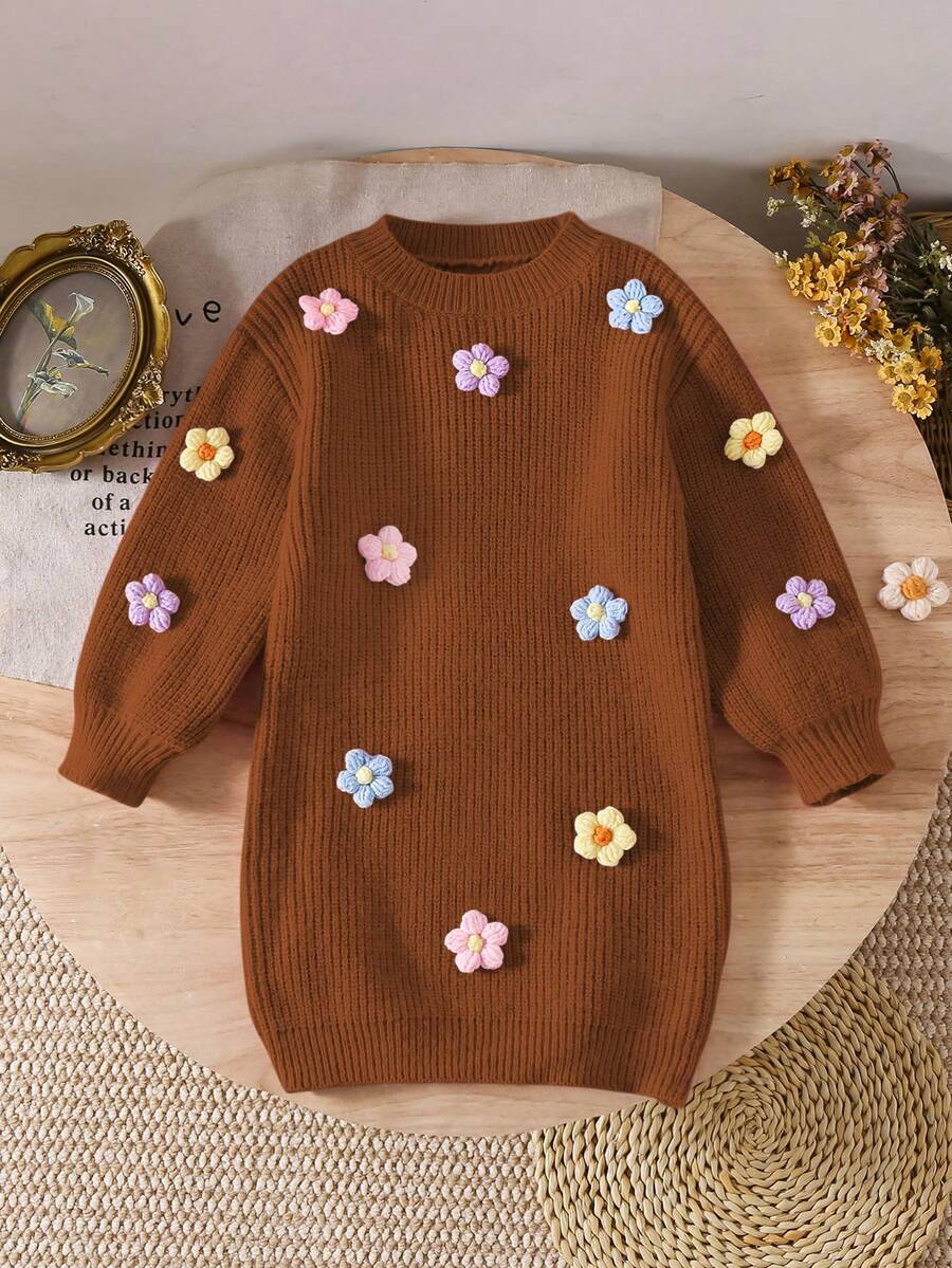 SHEIN Vintaside Kids Girls Handmade Flower Knitted Dress, Round Neck Long Lantern Sleeve Cute Elegant Pink Dress Girl S Spring And Autumn Dress Brown Sweater 4 Years Old Girls Girls Sweater Dress Kids Brown Dress Autumn And Winter Young Girls Dressse - Brown - View 1