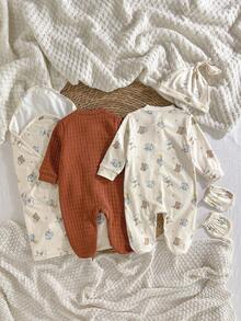 Loomiva 5pcs Newborn Baby Boy/Girl Cute Bear Pattern Comfortable Outfit Set - , Jumpsuit, Hat, Swaddle Blanket, Mittens