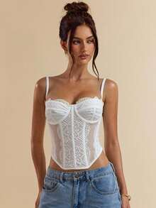 SHEIN BAE Women's Solid Color Spaghetti Strap Sexy Herringbone Trim Casual Fitted Camisole - White - View 7